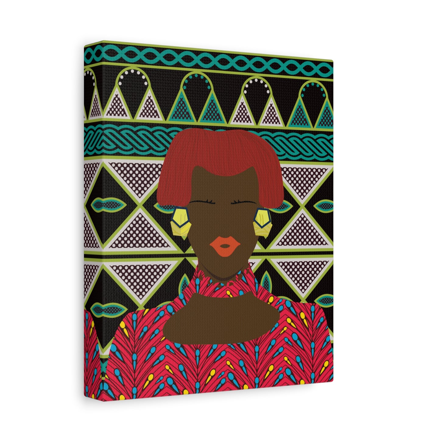 Matte Canvas Wall Art, Bobby (Chocolate) in Floral Red on Green Cameroon Toghu Stretched Art Print, Home Decor, African Inspired Gift, Unique, Stretched, 1.25"