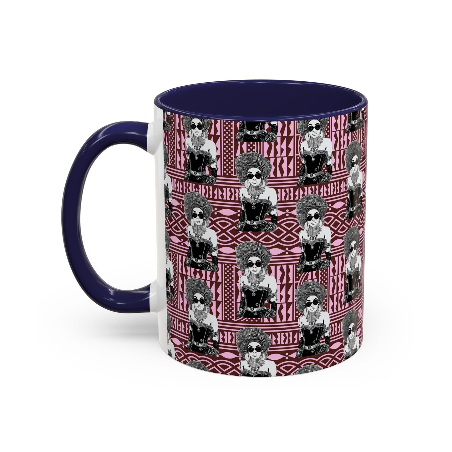 Madame Headtie(BW) Two-Tone Ceramic Coffee Mugs on Pink Ndop (4 Colors), 15oz