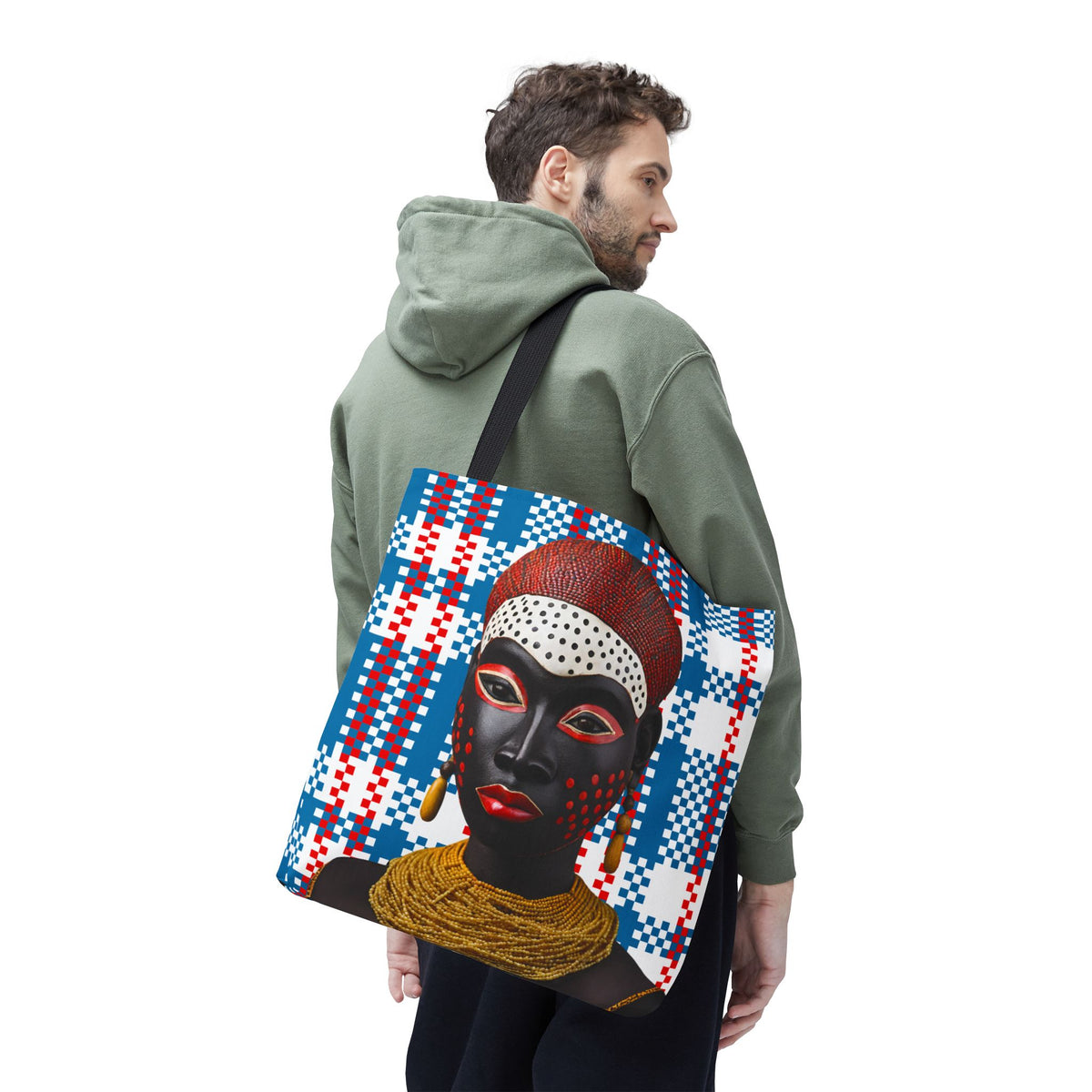 African Tote Bag, Masked Lady Design, Mukuta Plaid Grocery Bag, Gift for Her, Shopping Tote, Carry All Bag