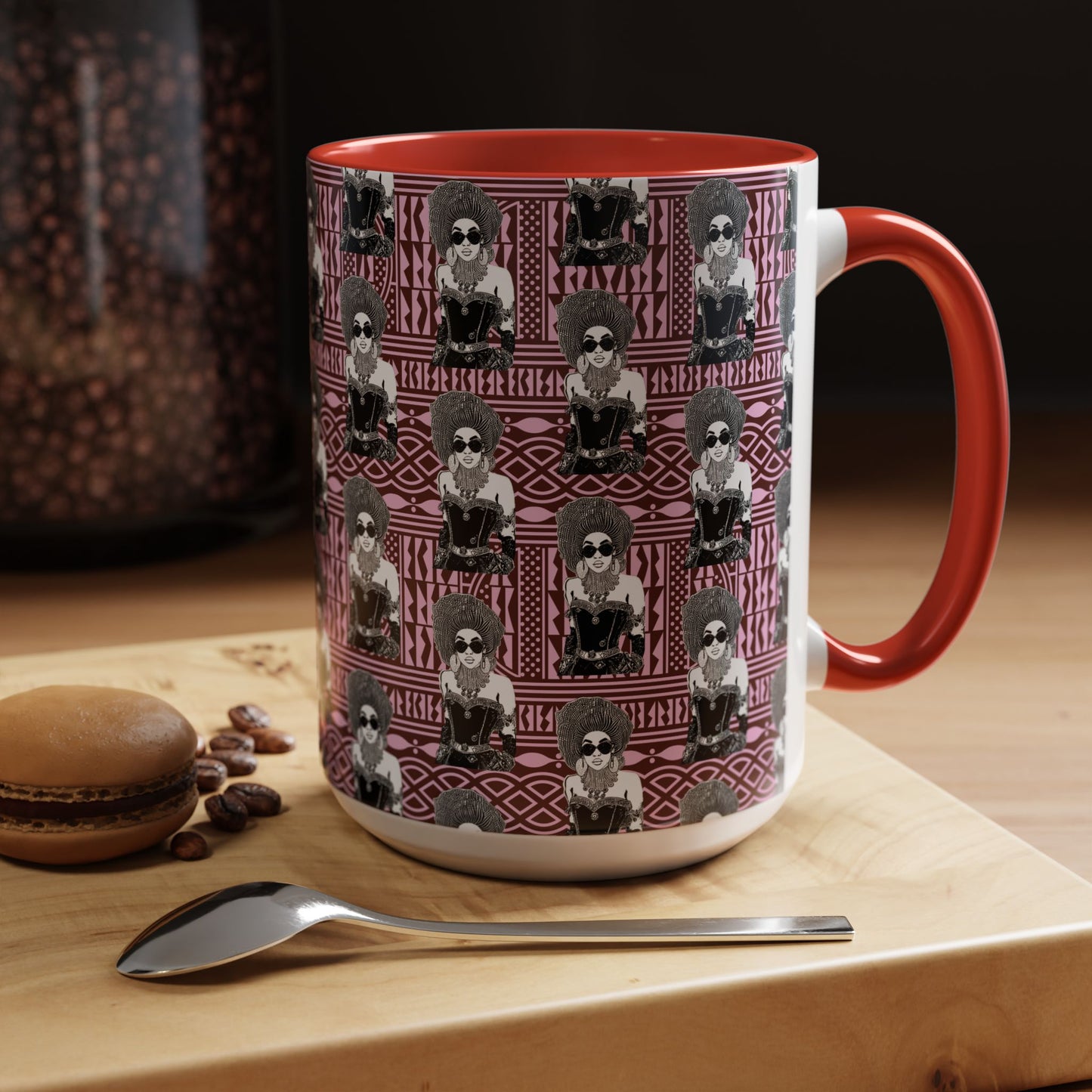 Madame Headtie(BW) Two-Tone Ceramic Coffee Mugs on Pink Ndop (4 Colors), 15oz
