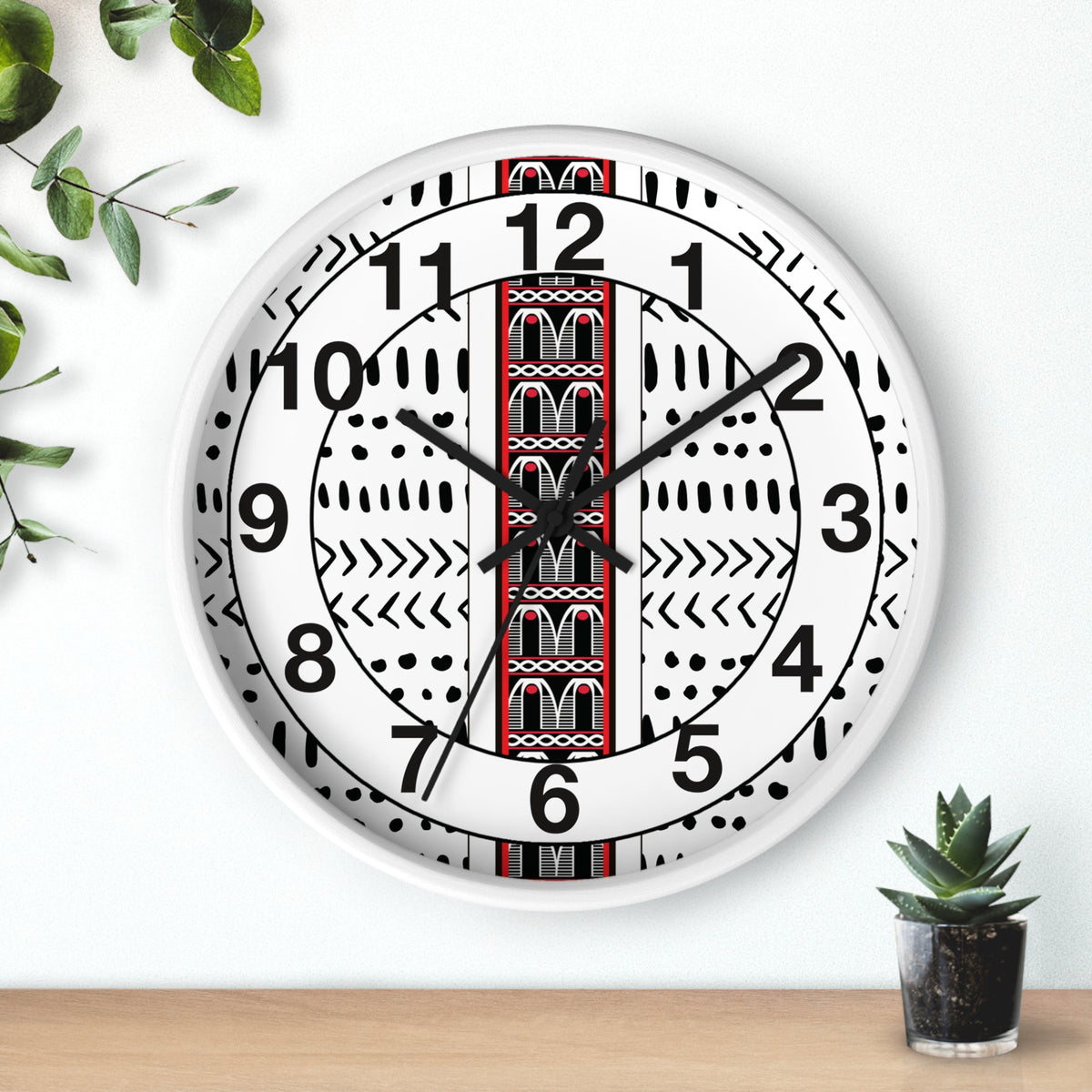 Black and White Toghu Stripe on Mudcloth Round Wood Wall Clock