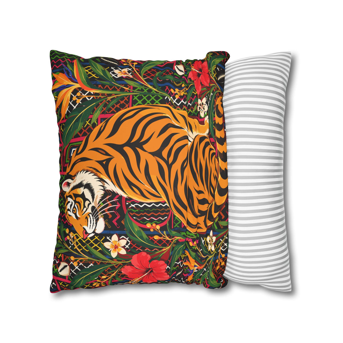 Bengal Tiger & Tropical Blooms Double-Sided Faux Suede Throw Pillow Cover | Ntoh-Inspired African Décor