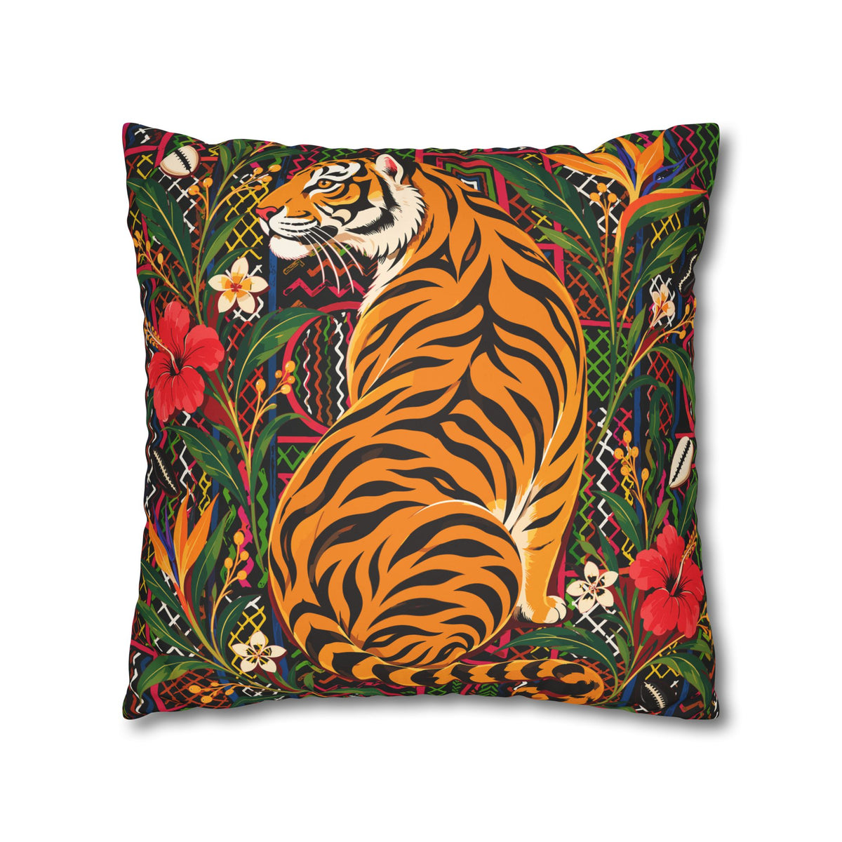 Bengal Tiger & Tropical Blooms Double-Sided Faux Suede Throw Pillow Cover | Ntoh-Inspired African Décor