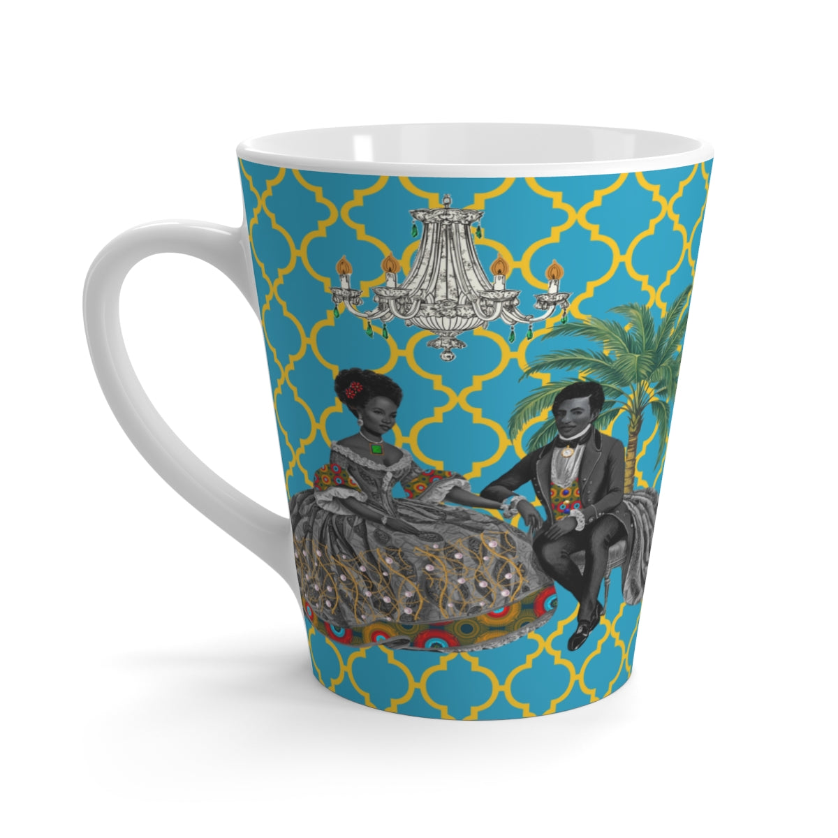 Toile Aristocrat Couple on Argyle Ceramic Coffee Latte Mug, 12oz - Unique Tea Cup, Vintage French Style, Gift for Tea Lovers, Retro