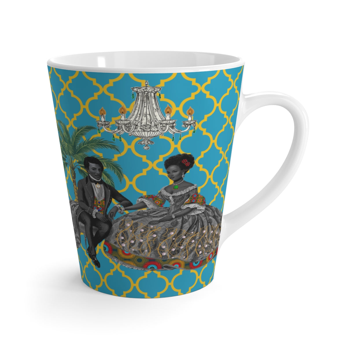 Toile Aristocrat Couple on Argyle Ceramic Coffee Latte Mug, 12oz - Unique Tea Cup, Vintage French Style, Gift for Tea Lovers, Retro