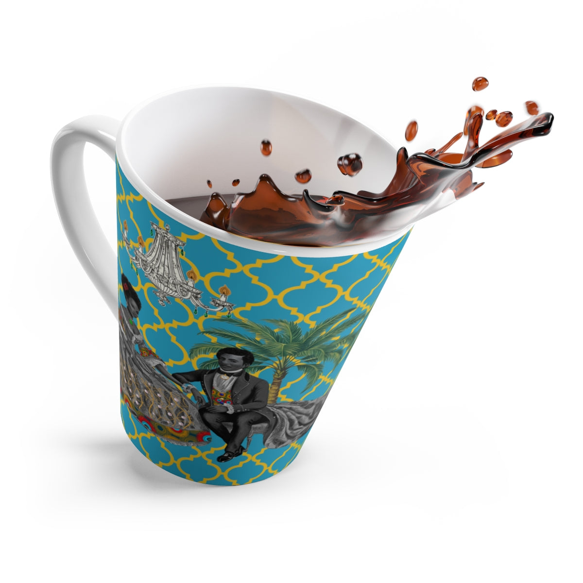 Toile Aristocrat Couple on Argyle Ceramic Coffee Latte Mug, 12oz - Unique Tea Cup, Vintage French Style, Gift for Tea Lovers, Retro