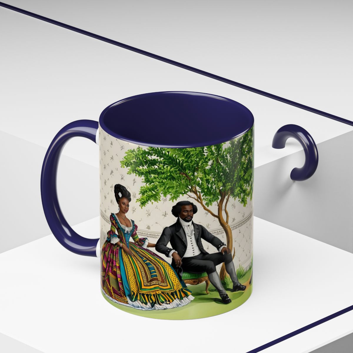 Toile Victorian African Couple Ceramic Accent Coffee Mugs (5 Colors), 11oz, 15oz