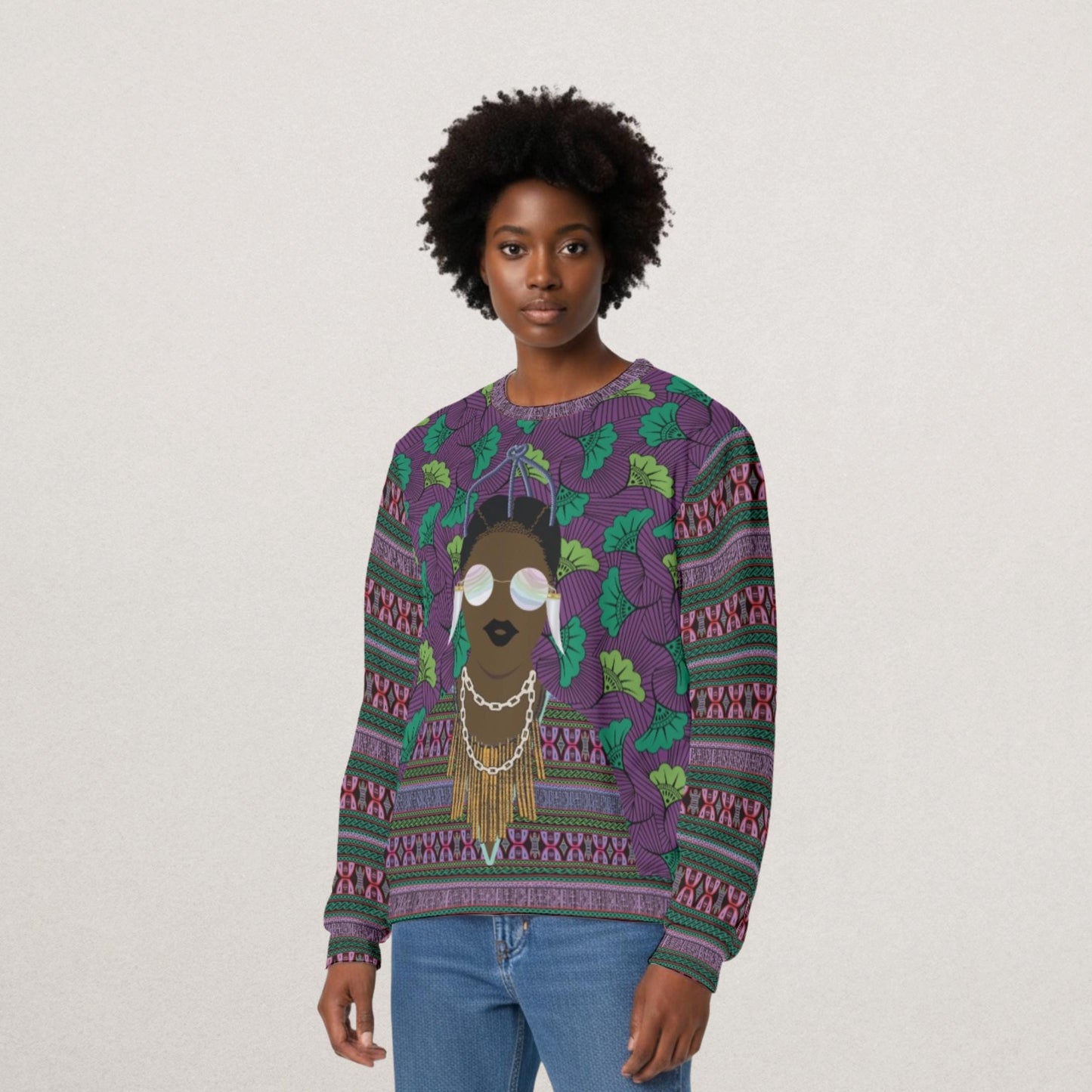 Purple Toghu and Floral Ankara Print African Unisex Sweatshirt for Men and Women, Soft Scuba Fabric Unisex Casual Pullover, Comfortable Fit