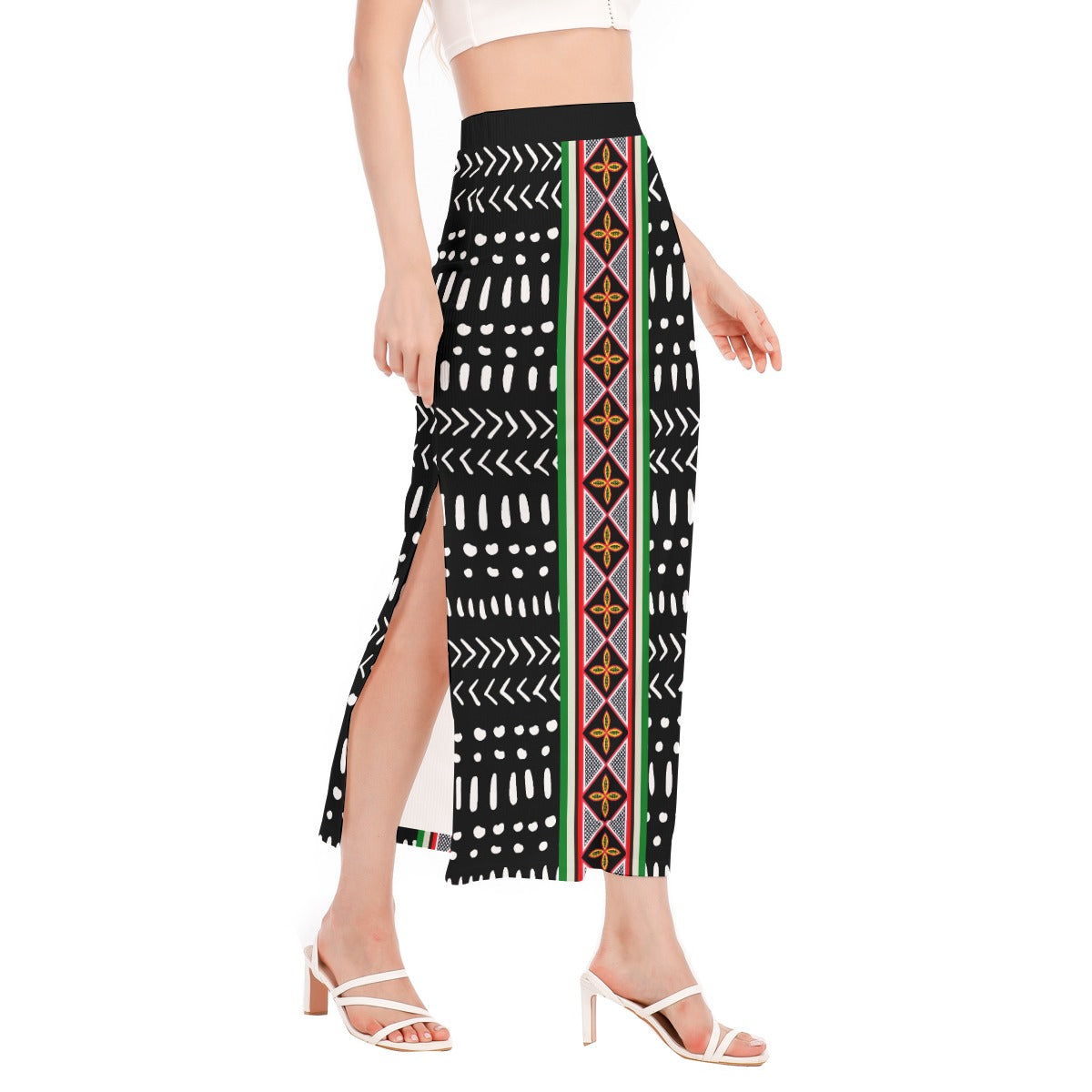 Mudcloth Ribbed Stretchy Maxi Skirt, African Print with Toghu Stripe, Side Slit, Ready to Ship