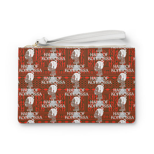 Vegan Leather Wristlet Clutch: Red Ndop African Print Evening Bag