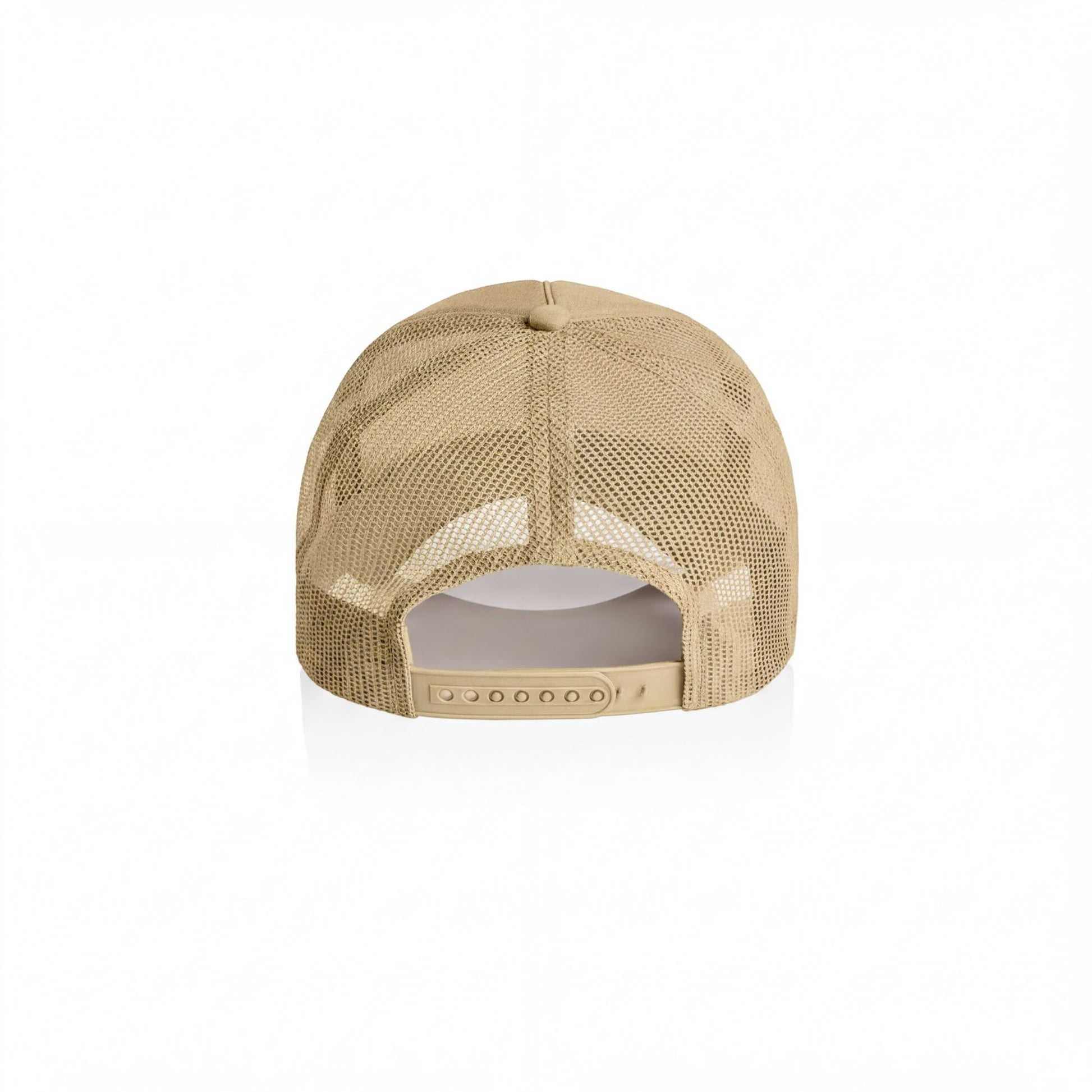 A beige mesh baseball cap with a white logo on the front.