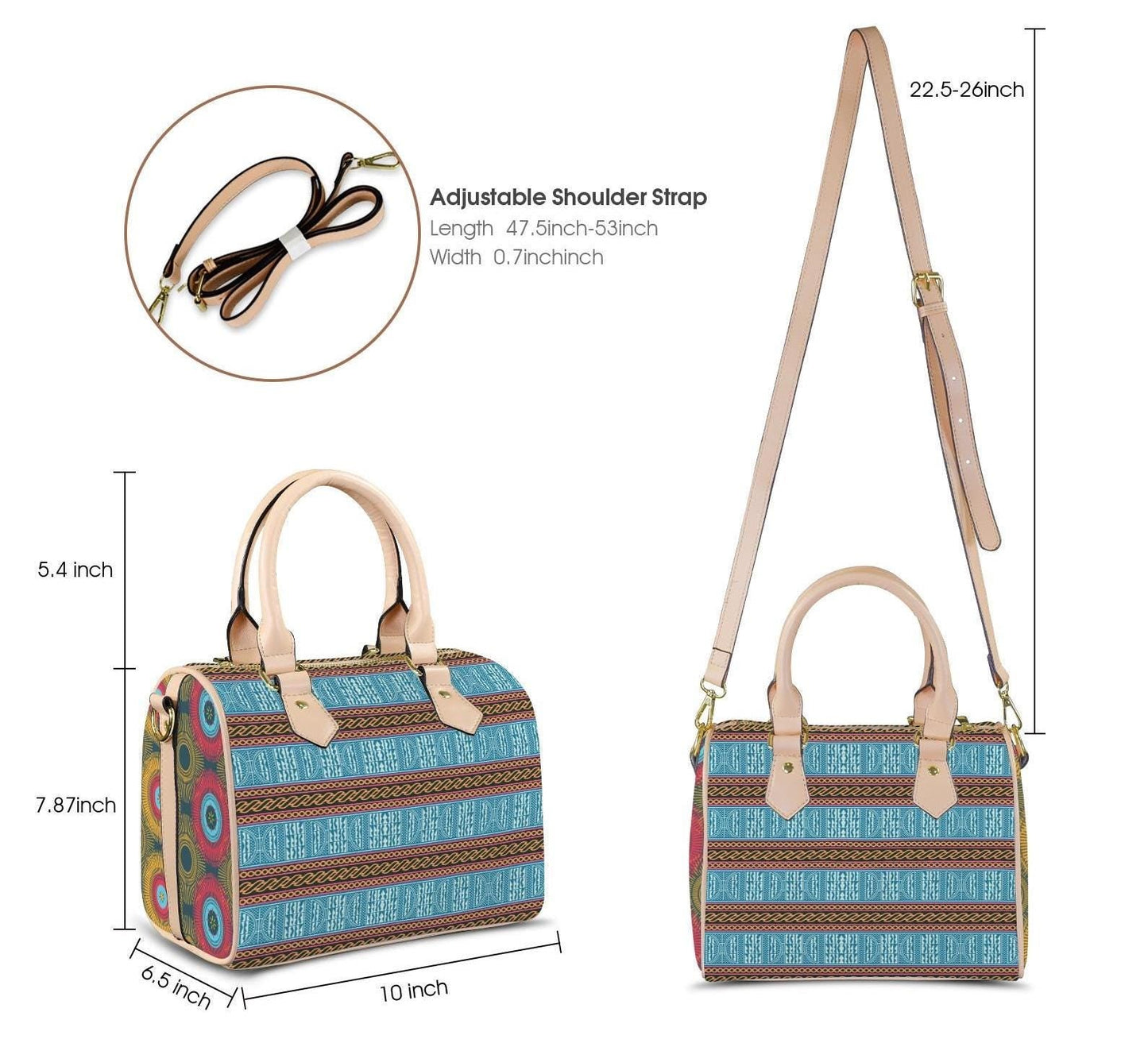 African Ndop Print Boston Bag - Vegan Leather Satchel Handbag with Strap