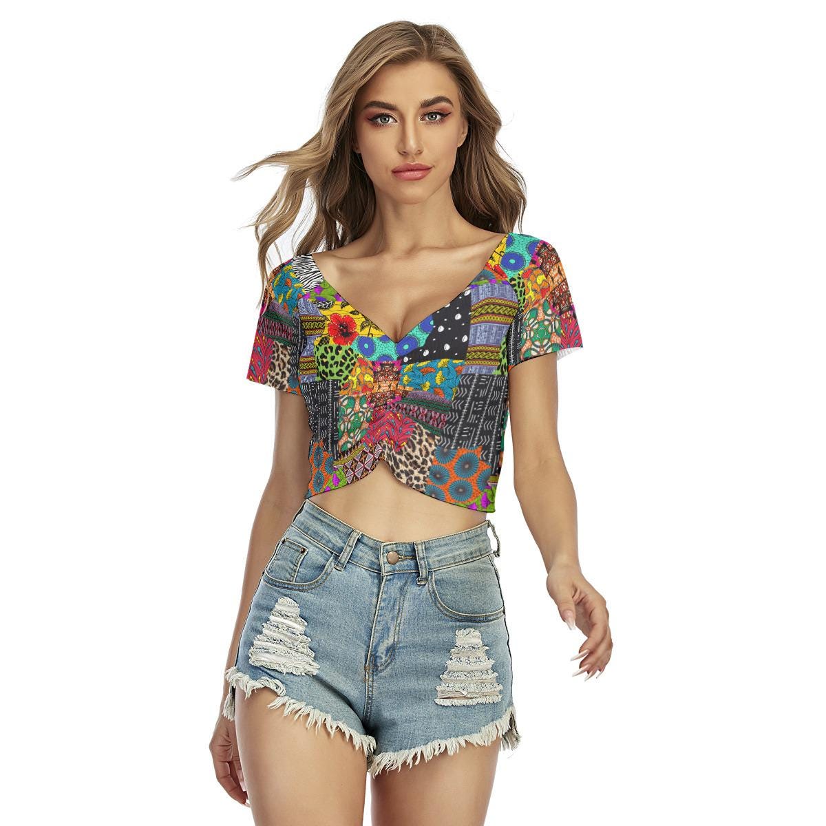 Ankara Print Crop Top: Stretchy V-Neck Summer Festival Fashion, Ready to Ship