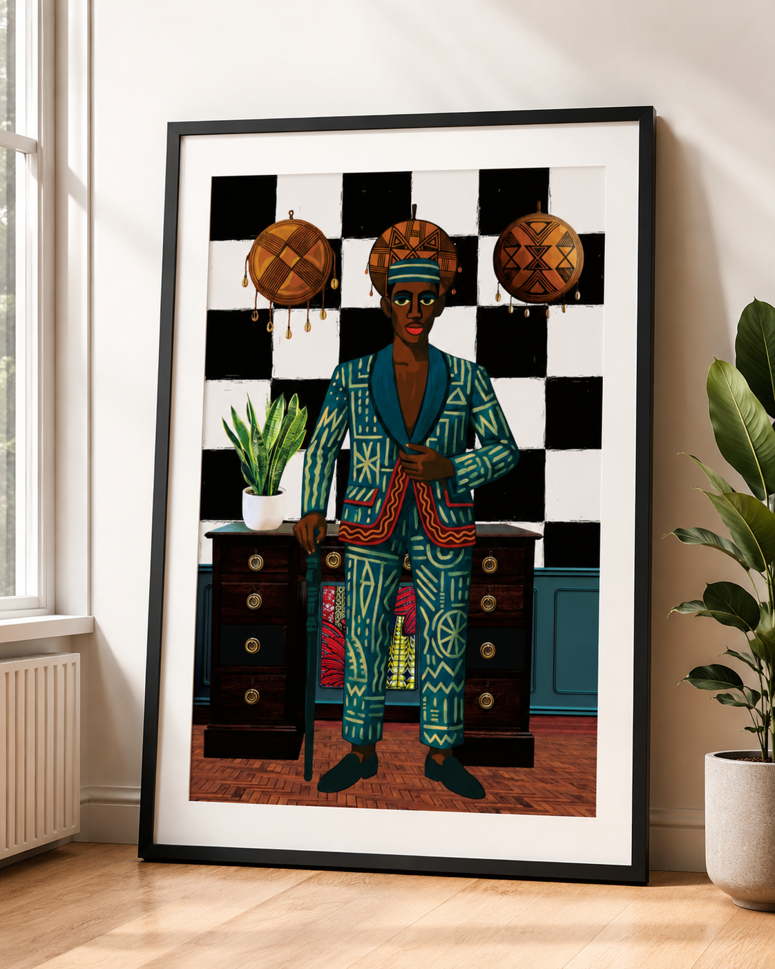 The image is a framed artwork depicting a person wearing a colorful, patterned suit standing in a room with a checkered floor and a potted plant.