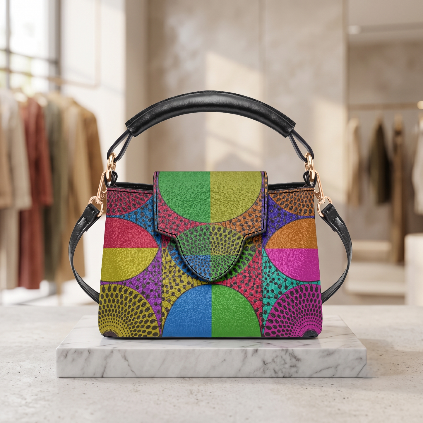 A colorful, patterned handbag with a black leather strap and gold hardware is displayed on a marble pedestal in a clothing store.