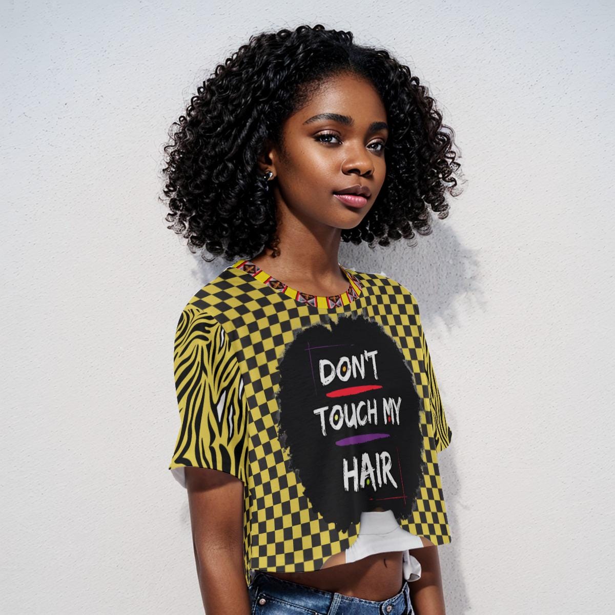 Checkered Print Crop Top: "Don't Touch My Hair" Graphic, Trendy Fashion, Ready to Ship