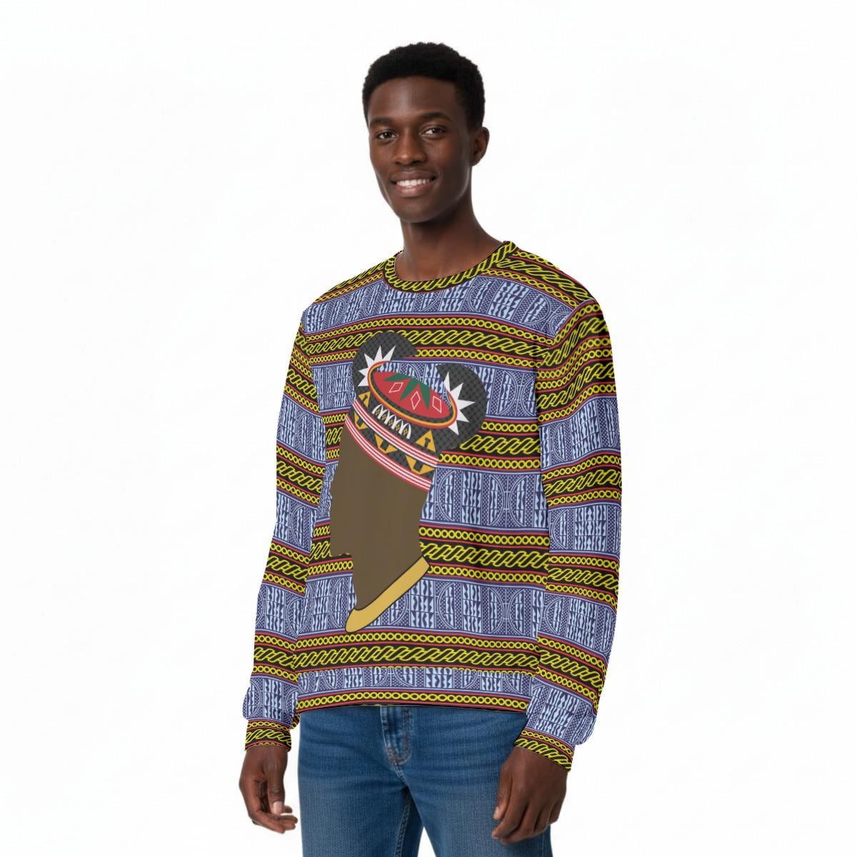 Ndop Print Sweatshirt: Bamileke Man in Horn Hat, Unisex Scuba Fabric