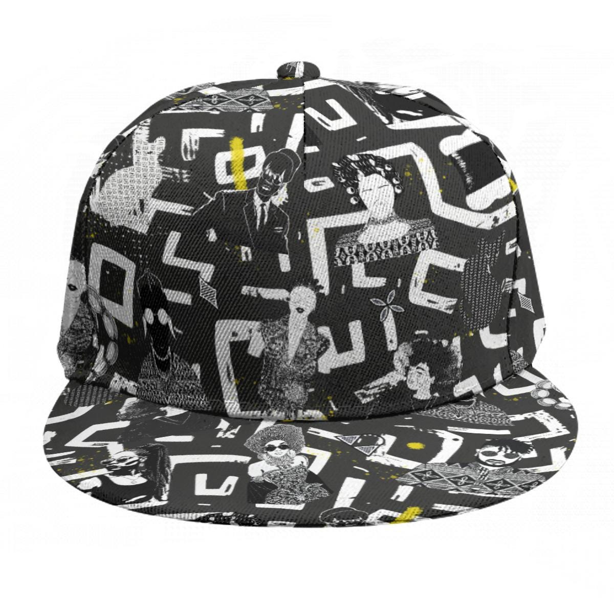 African Print Baseball Cap, Black and White with people Adjustable Snapback, Streetwear Style, Ready to Ship