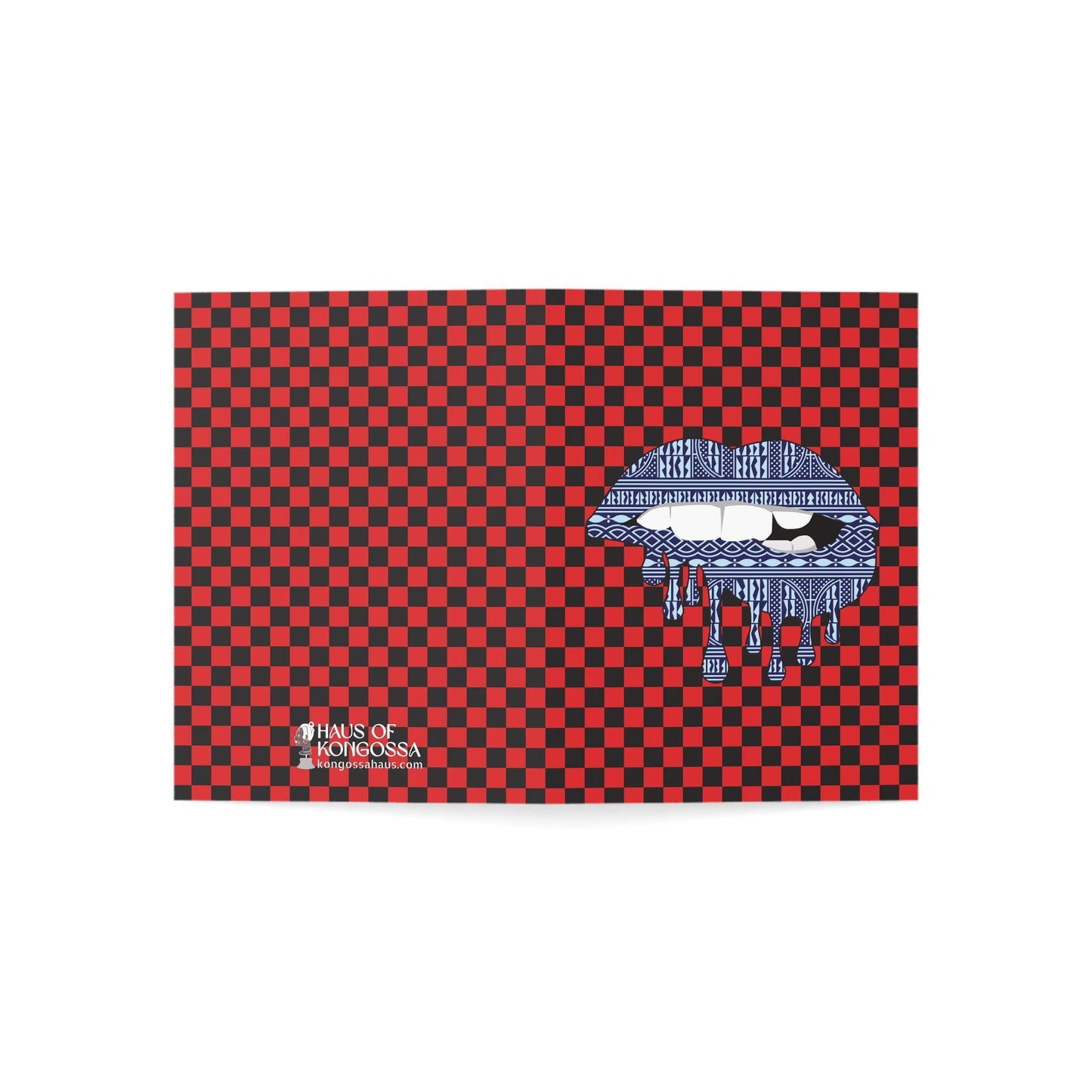 Blue Ndop Lips on Red Checkers Greeting Cards (1, 10pcs)