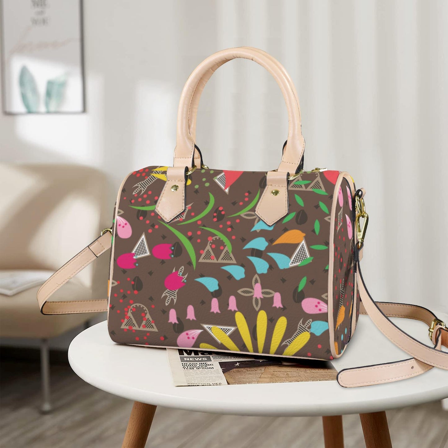 Vegan Leather Brown Boston Bag, Neon Toghu Print or Floral Satchel Handbag