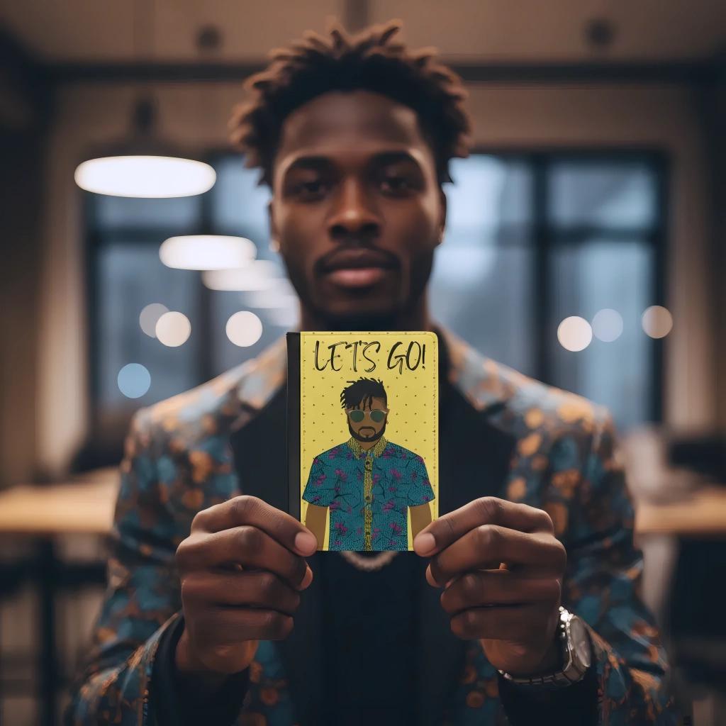 A man holding a notebook with a colorful cover and the text "LET'S GO!" printed on it.