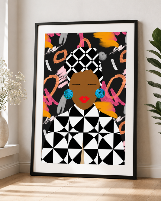 a framed artwork depicting a stylized portrait of a woman with bold geometric patterns and a vibrant color palette.