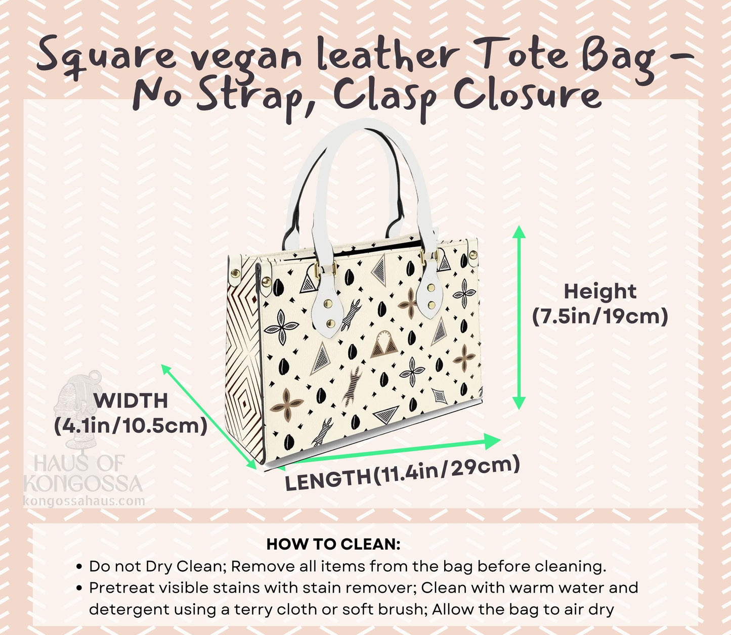 African Vegan Leather Tote Bag: Beige Toghu Print, White Handles, Ready to Ship