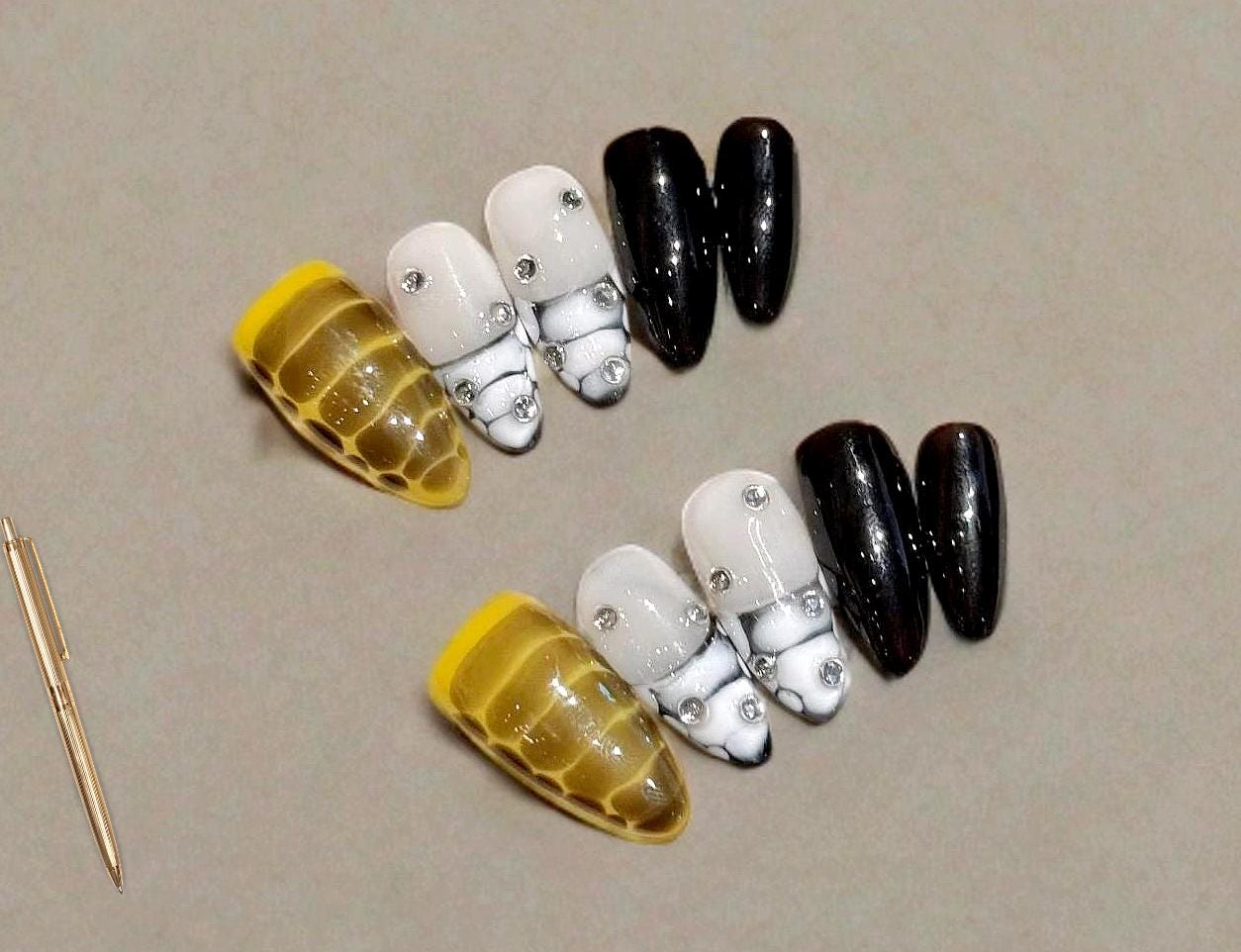Snakeskin Regular Stiletto Press On Nails: Green, White and Black, Ready to Ship