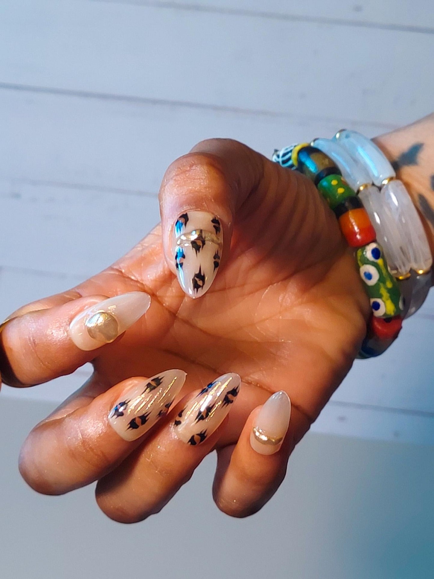 Leopard Nude Press On Nails with Gold Gems, Regular Stiletto Glue On Nails, Ready to Ship - Perfect Gift for Trendy Nail Lovers