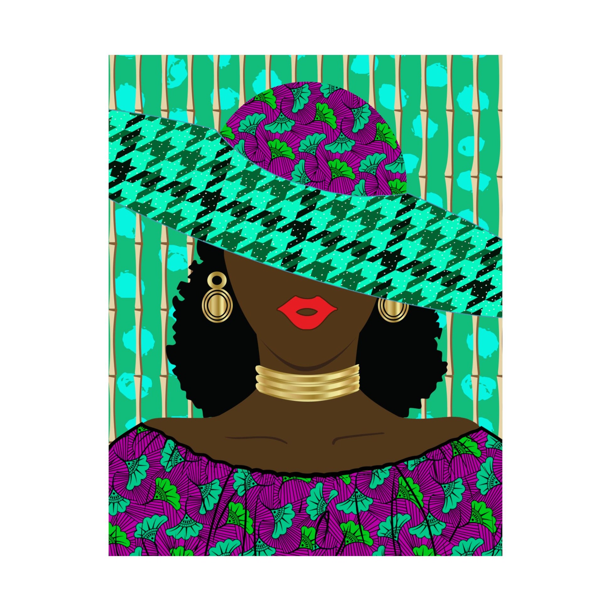 A stylized illustration of a woman wearing a large, colorful hat with a floral pattern, a vibrant purple dress, and gold jewelry.