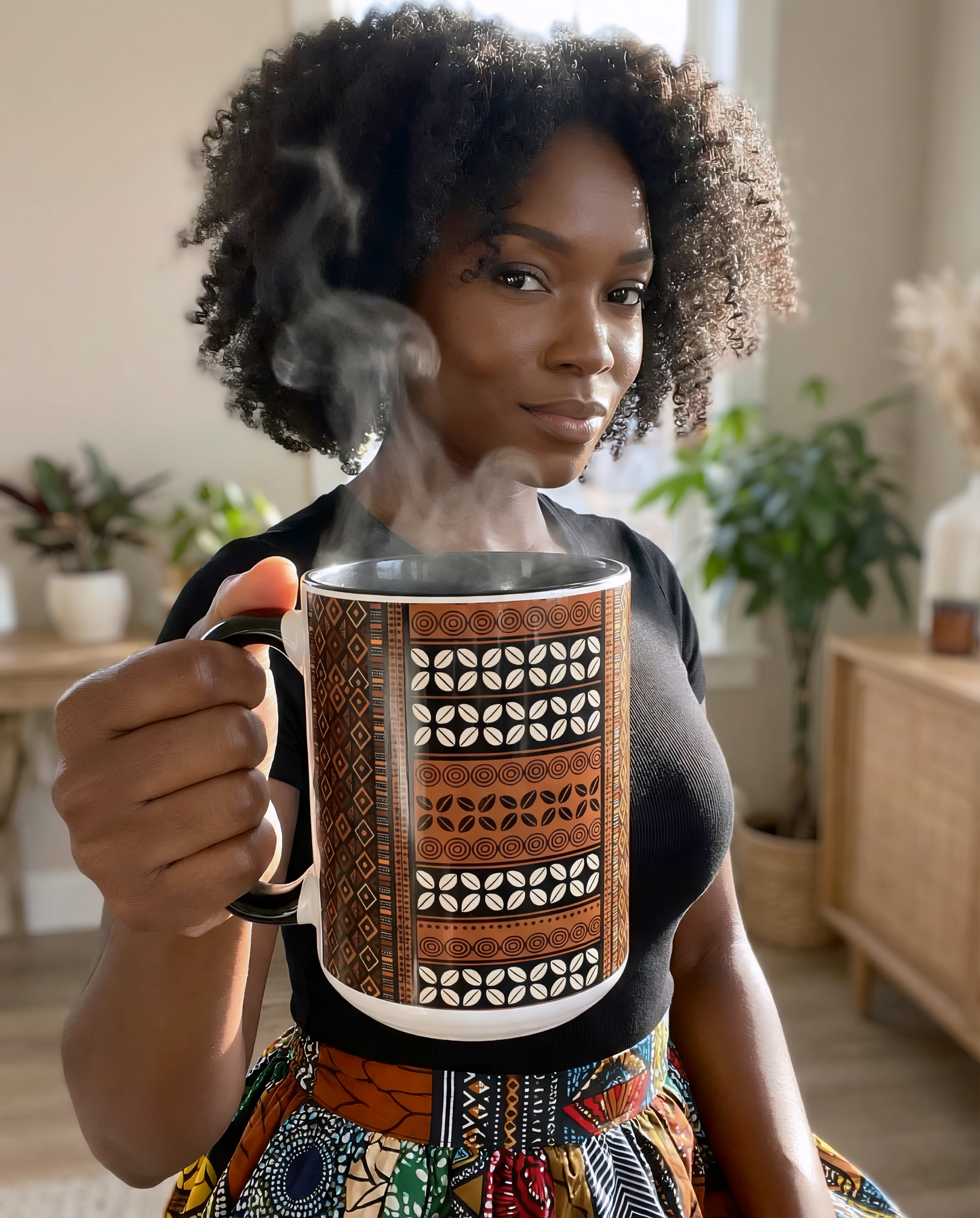 Mudcloth and Cowries Ceramic Coffee Mug (11, 15oz) in 4 Colors, 2 Sizes, Unique African Print Design
