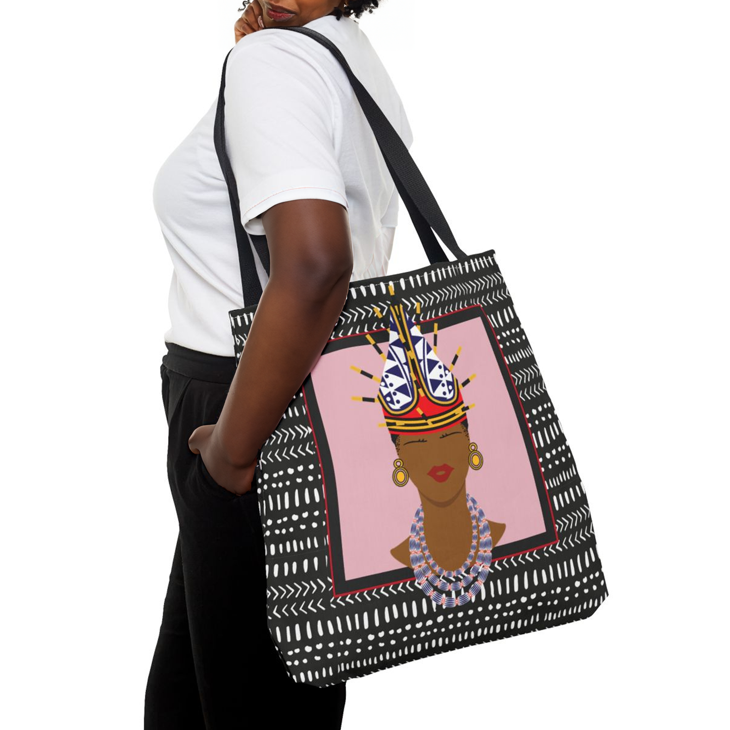 African Inspired Spiky Hat Bamileke Bamenda Girl on Pink and Mudcloth AOP Tote Bag, Ethnic Shoulder Bag, Cultural Market Bag, Colorful