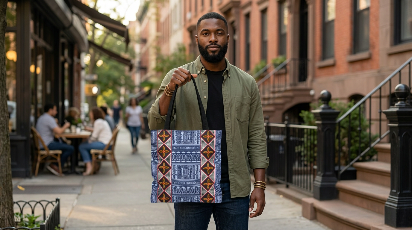 Blue Tribal Ndop Pattern Canvas Tote | Geometric Ethnic Print, Vertical Toghu Stripes