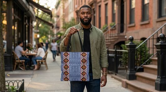 Blue Tribal Ndop Pattern Canvas Tote | Geometric Ethnic Print, Vertical Toghu Stripes
