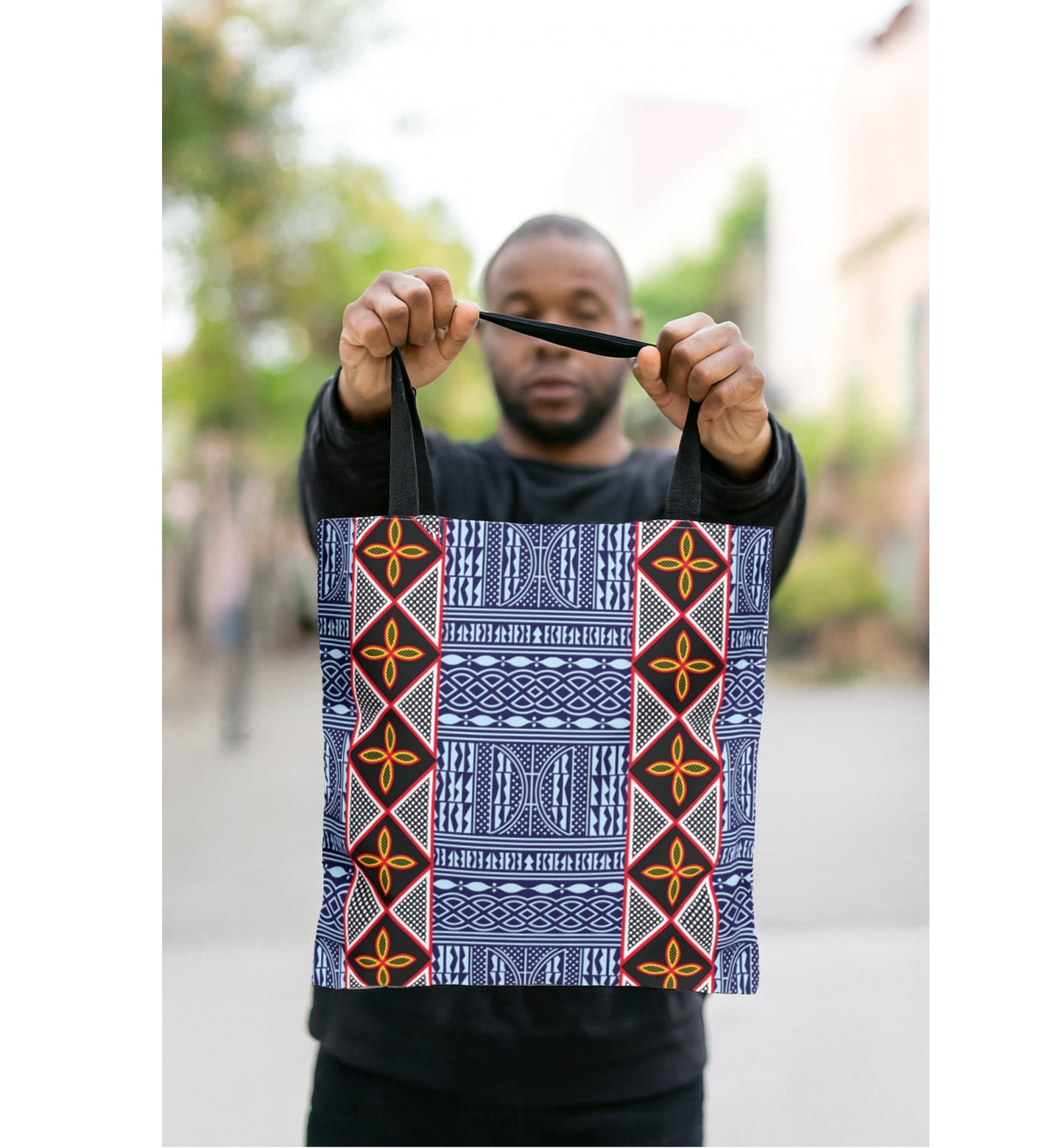 Blue Tribal Ndop Pattern Canvas Tote | Geometric Ethnic Print, Vertical Toghu Stripes