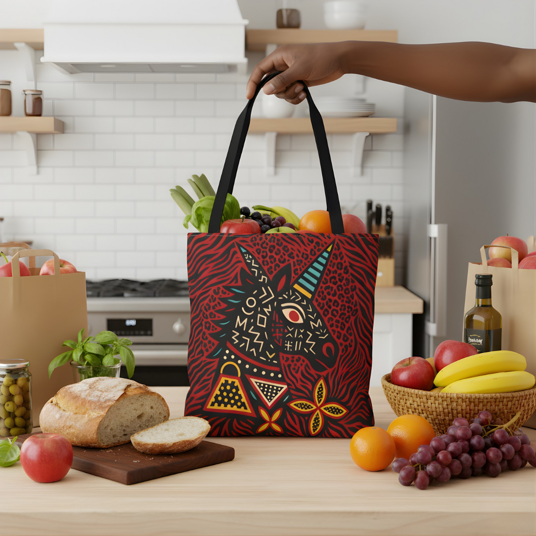 Black Unicorn Tote Bag, Double Sided Design, African Art, Unisex Canvas Tote, Large & Small Sizes, Stylish Beach Bag, Gift for Her