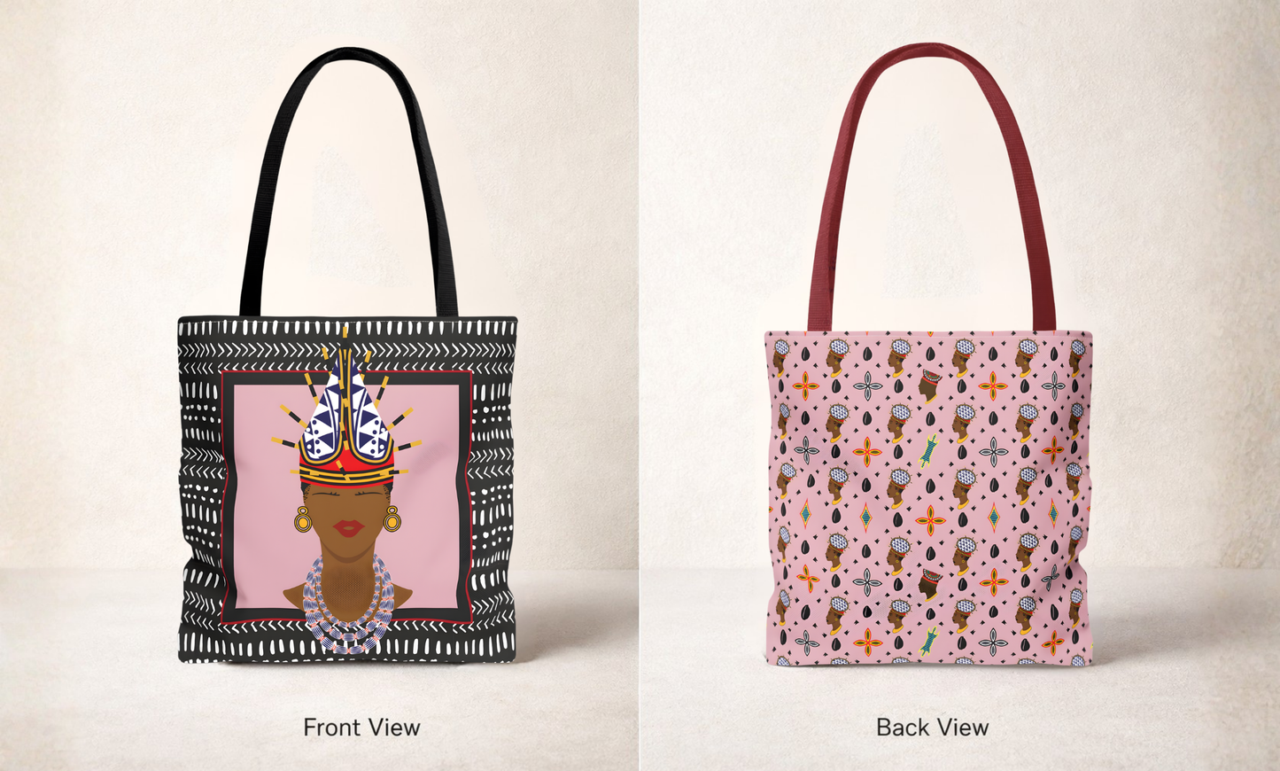 African Inspired Spiky Hat Bamileke Bamenda Girl on Pink and Mudcloth AOP Tote Bag, Ethnic Shoulder Bag, Cultural Market Bag, Colorful