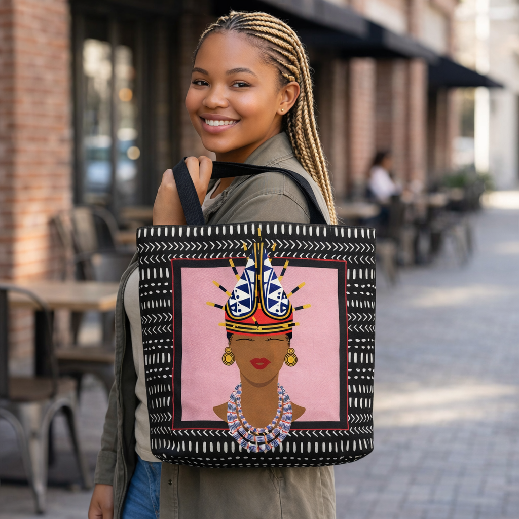 African Inspired Spiky Hat Bamileke Bamenda Girl on Pink and Mudcloth AOP Tote Bag, Ethnic Shoulder Bag, Cultural Market Bag, Colorful