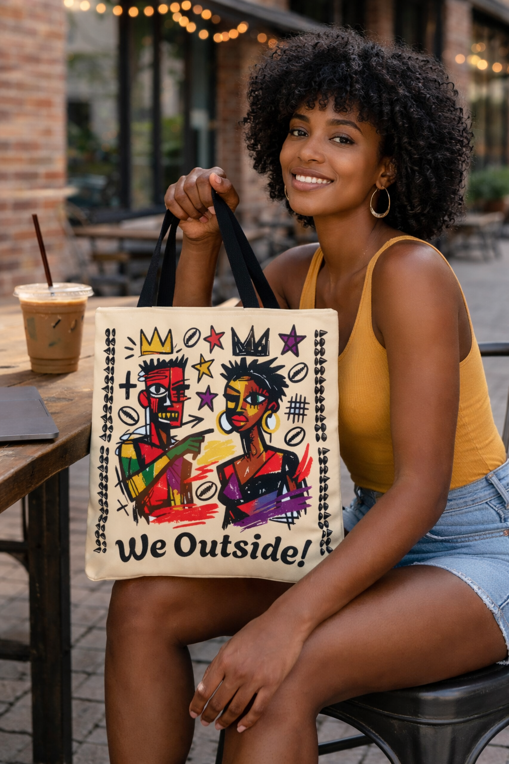 We Outside! Canvas Tote Bag, Abstract Couple Artwork Print , Street Art Design