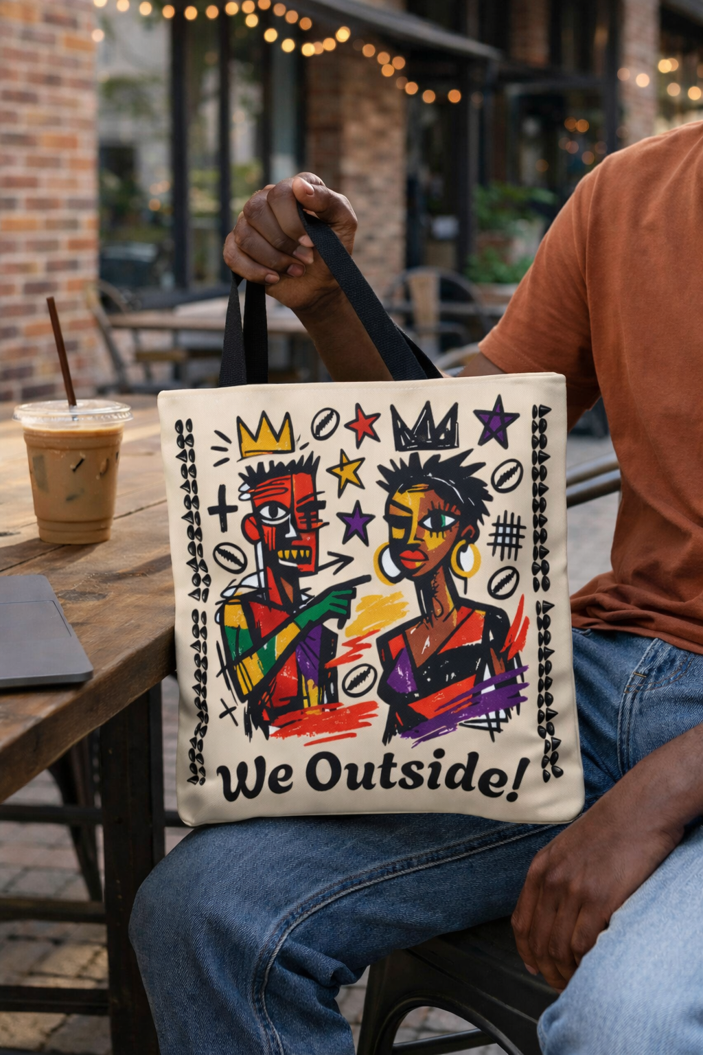 We Outside! Canvas Tote Bag, Abstract Couple Artwork Print , Street Art Design