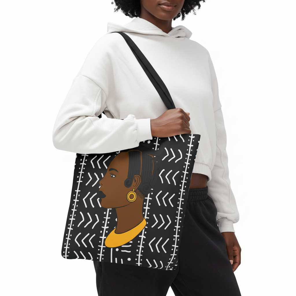 Lady Kongossa on Black Mudcloth Canvas Tote Bag