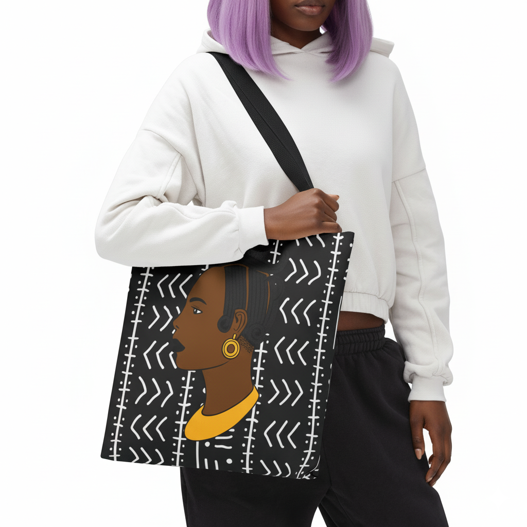 Lady Kongossa on Black Mudcloth Canvas Tote Bag