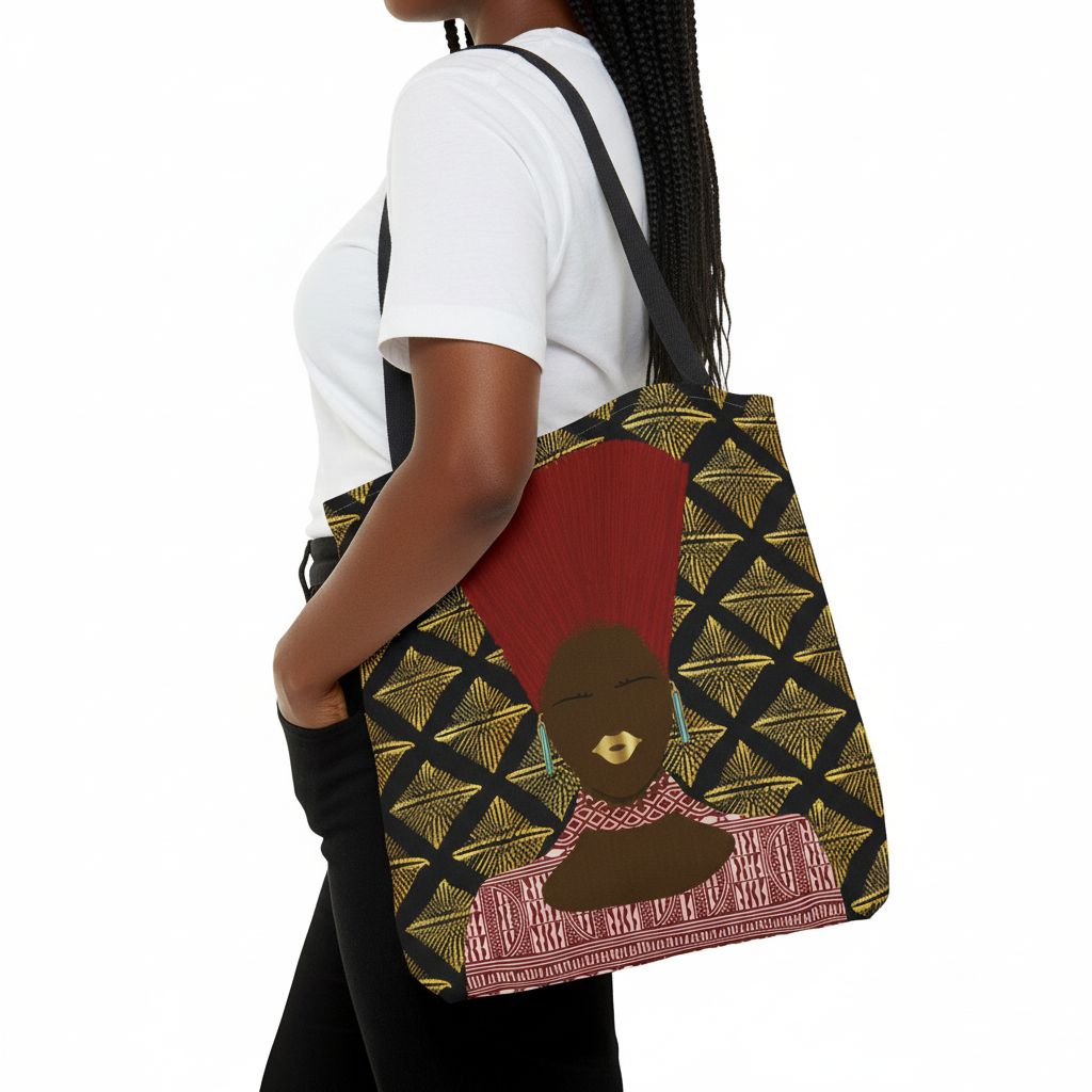 Afrocentric Queen Nef Two Sided Canvas Tote Bag, Gold Goals