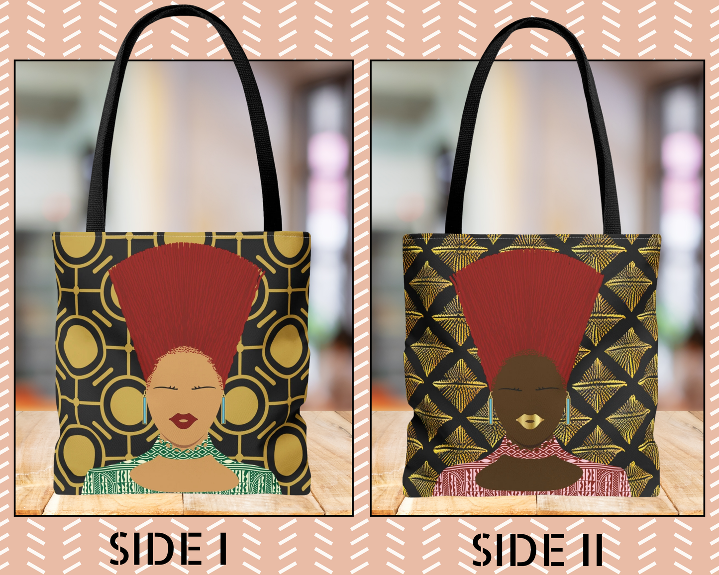 Afrocentric Queen Nef Two Sided Canvas Tote Bag, Gold Goals