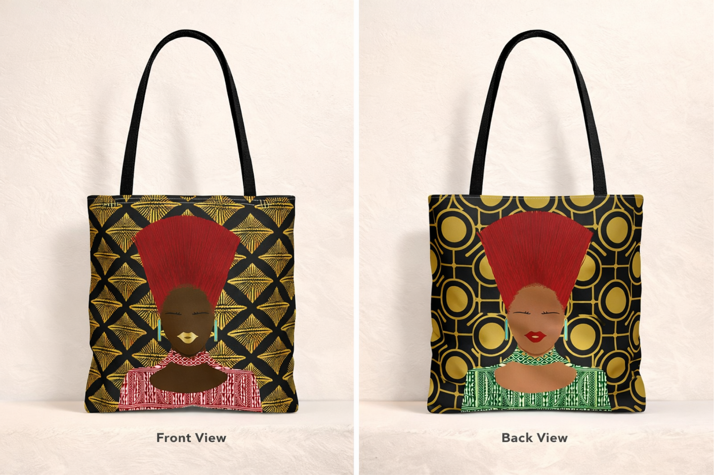 Afrocentric Queen Nef Two Sided Canvas Tote Bag, Gold Goals