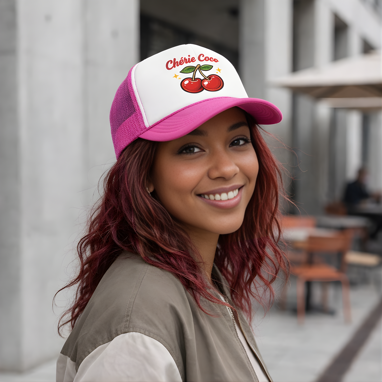Chérie Coco Trucker hat , Cherry retro script design, Mother's Day Gift
