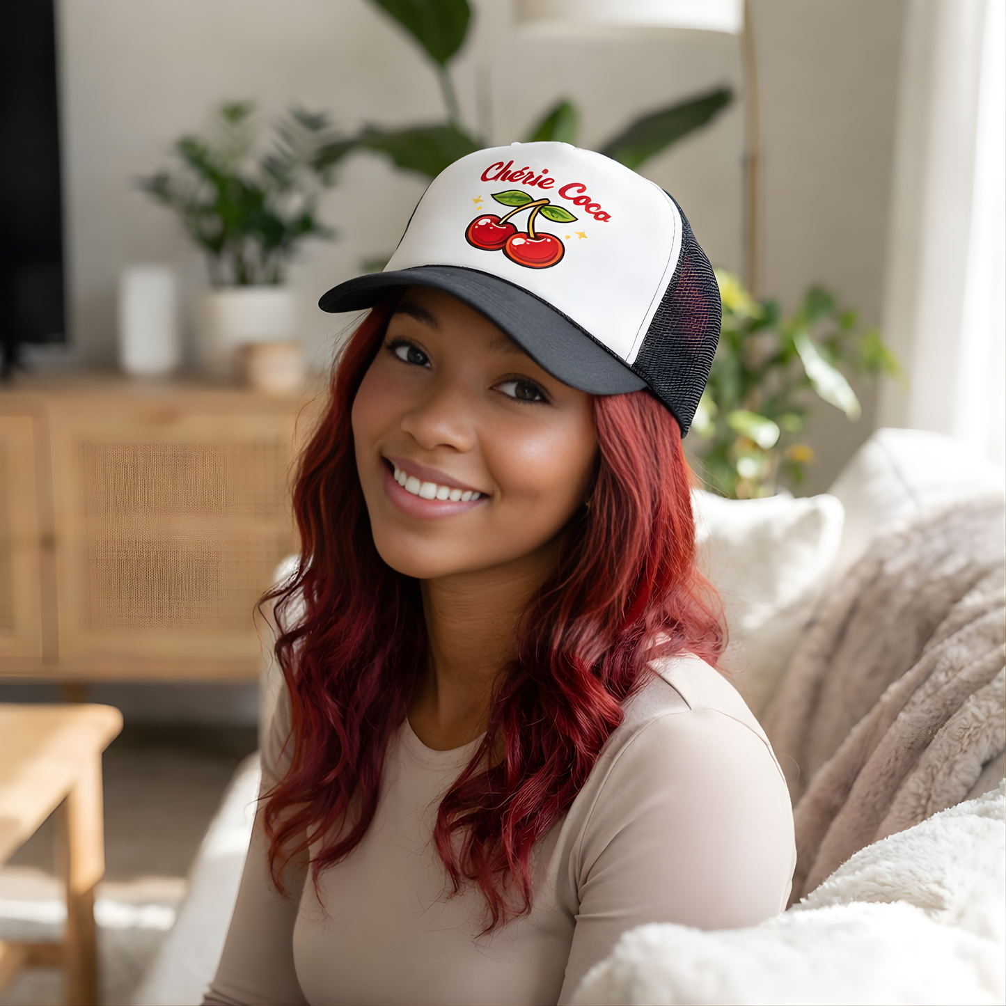 Chérie Coco Trucker hat , Cherry retro script design, Mother's Day Gift