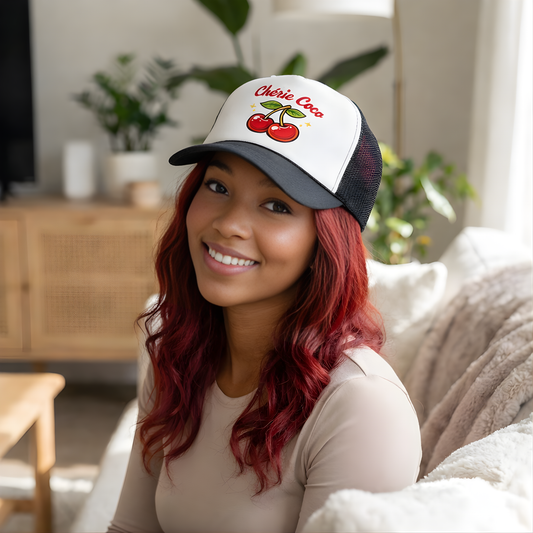 Chérie Coco Trucker hat , Cherry retro script design, Mother's Day Gift