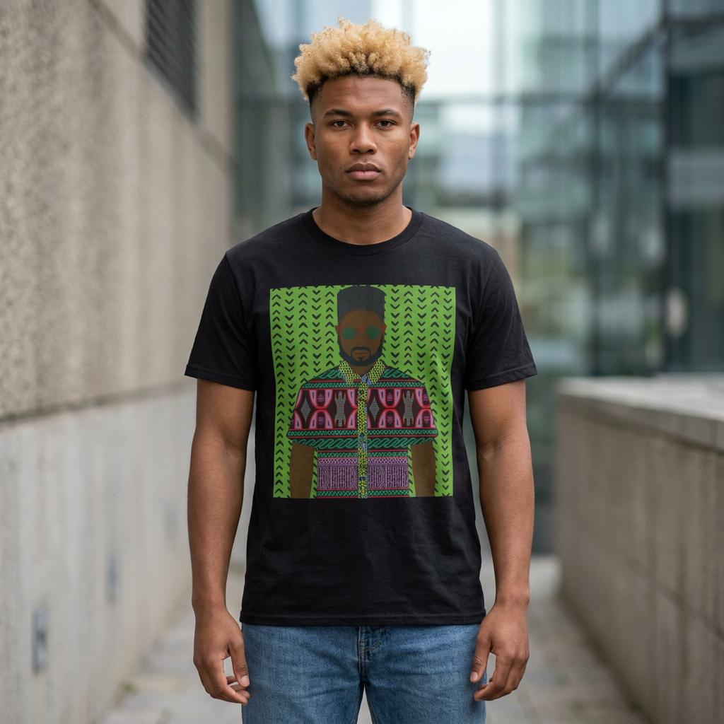 Phillipe(Chocolate) in Purple Toghu on Green Mudcloth Unisex Heavy Cotton Tee