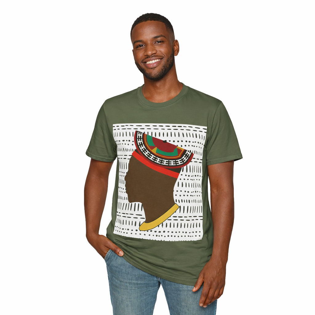 Man in Bamenda Hat White Mudcloth Unisex Softstyle T-Shirt